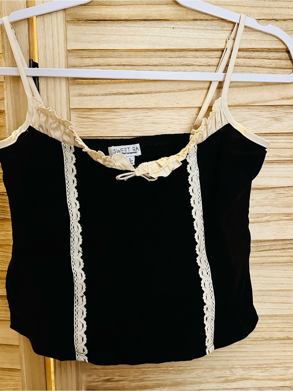 Sweet Rain Black Cami with Cream Lace Trim and Ruffle Neck